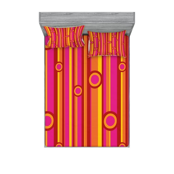Ambesonne Retro Fitted Sheet & Pillow Sham Set, Stripes Circles Vibrant, Queen, Pink Red Orange