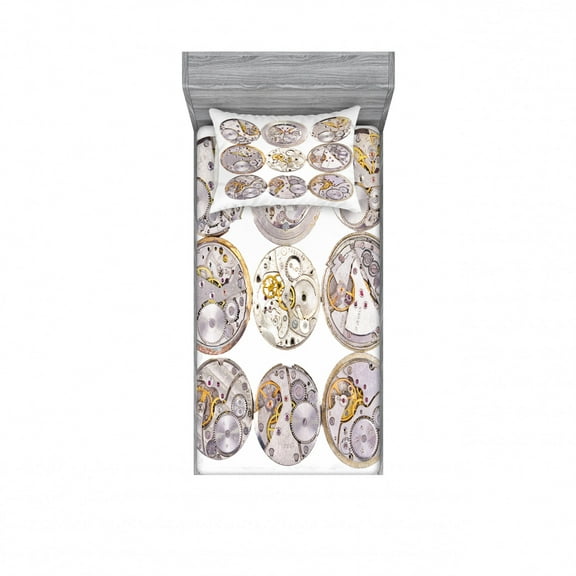 Ambesonne Retro Fitted Sheet & Pillow Sham Set, Technical Theme Clock, Twinxl, Grey Yellow