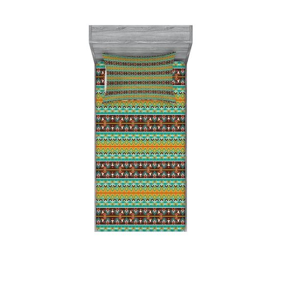 Ambesonne Retro Fitted Sheet & Pillow Sham Set, Tribal Art Pattern, Twinxl, Brown Marigold Turquoise