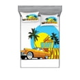 thumbnail image 1 of Ambesonne Retro Fitted Sheet & Pillow Sham Set, Vintage Car in City Miami, Full, Orange Yellow and Blue, 1 of 2