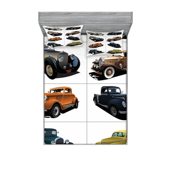 Ambesonne Retro Fitted Sheet & Pillow Sham Set, Vintage Cars Realist Print, Full, Multicolor