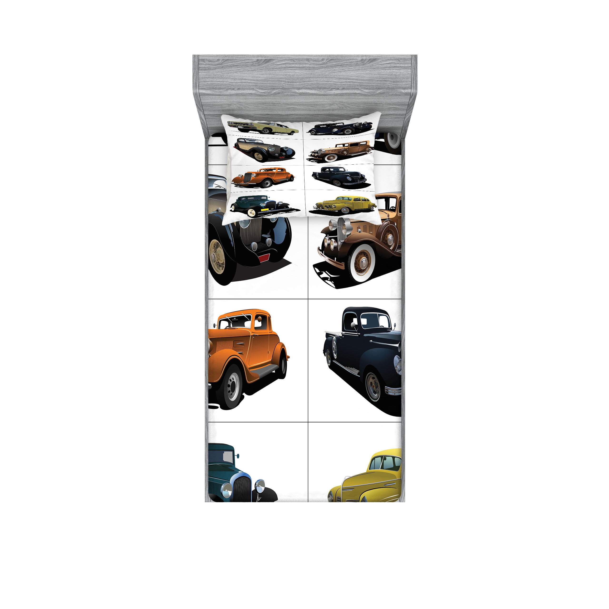 Twin White Microfiber Sheet Set with Vintage Car Print