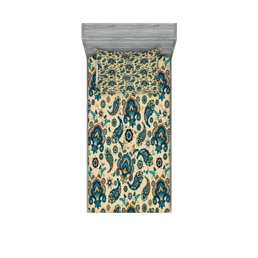 Ambesonne Retro Fitted Sheet & Pillow Sham Set, Vintage Colorful Floral, Twin, Yellow Blue Cream