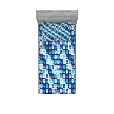 Ambesonne Retro Fitted Sheet & Pillow Sham Set, Vintage Mosaics Squares, Twin, Pale Blue Dark Blue