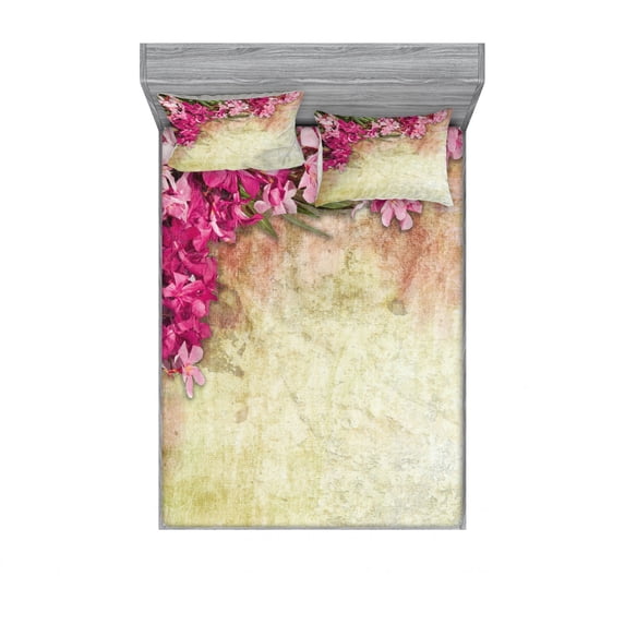 Ambesonne Retro Fitted Sheet & Pillow Sham Set, Vintage Oleander Flowers, Queen, Pink Green Pale Yellow