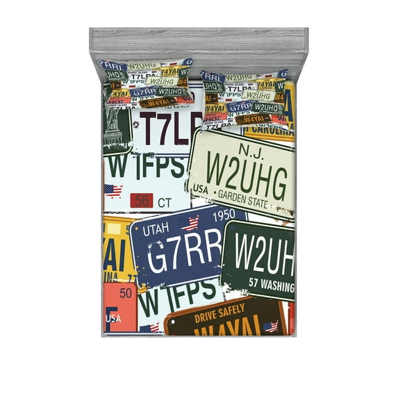 Ambesonne Retro Fitted Sheet & Pillow Sham Set, Vintage Travel Plate, Full, Green Blue Yellow