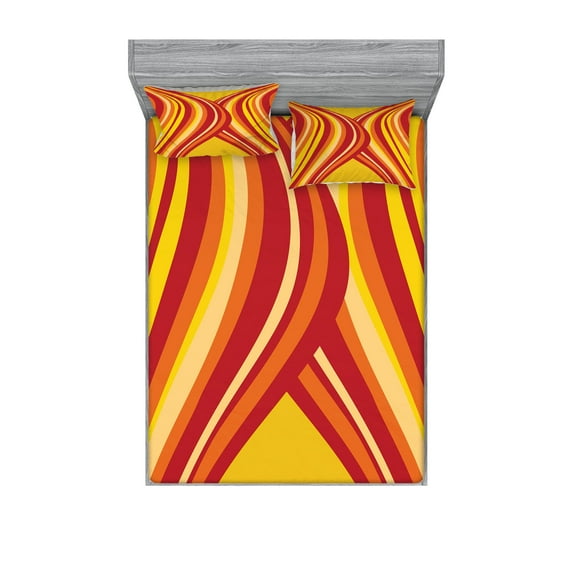 Ambesonne Retro Fitted Sheet & Pillow Sham Set, Wavy Stripes Abstract, Queen, Yellow Orange Red