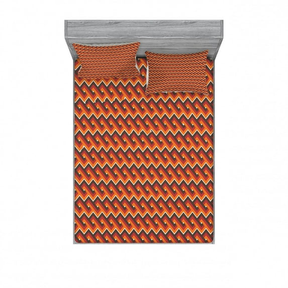 Ambesonne Retro Fitted Sheet & Pillow Sham Set, Wavy Zig Zag Pattern, Full, Multicolor