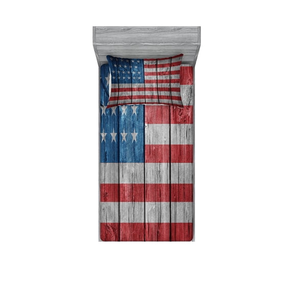 Ambesonne Retro Fitted Sheet & Pillow Sham Set, Worn Style American Flag, Twinxl, Blue Red Pale Grey