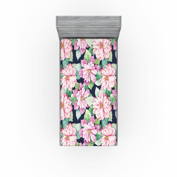 Ambesonne Retro Fitted Sheet, Pinkish Flowers Leaves Art, Twin XL Size, Soft Pink Jade Green