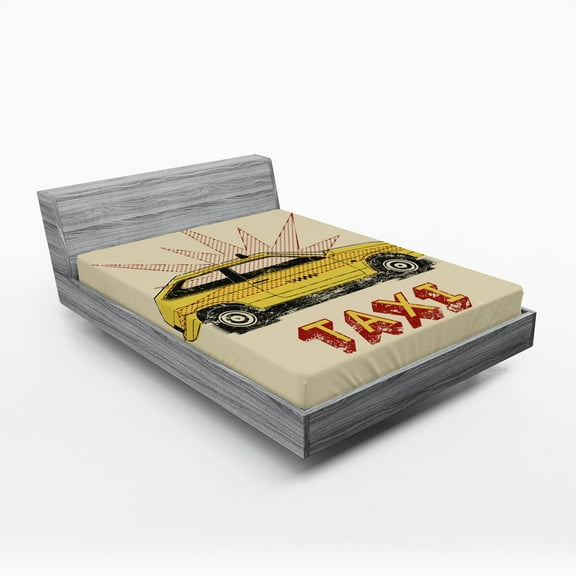 Ambesonne Retro Fitted Sheet, Pop Art Taxi Cab Vintage, Full Size, Beige Yellow Ruby