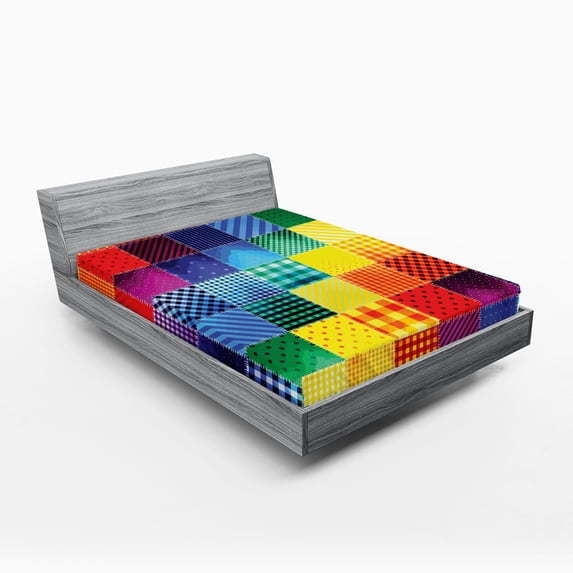 Ambesonne Retro Fitted Sheet, Rainbow Retro Patchwork, Full Size, Multicolor