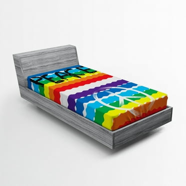 Ambesonne Retro Fitted Sheet, Stripes Peace Lettering, Twin XL Size, Multicolor