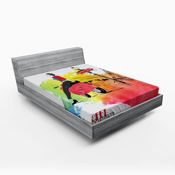 Ambesonne Retro Fitted Sheet, Tower Street Fashion, Full Size, Orange and Red