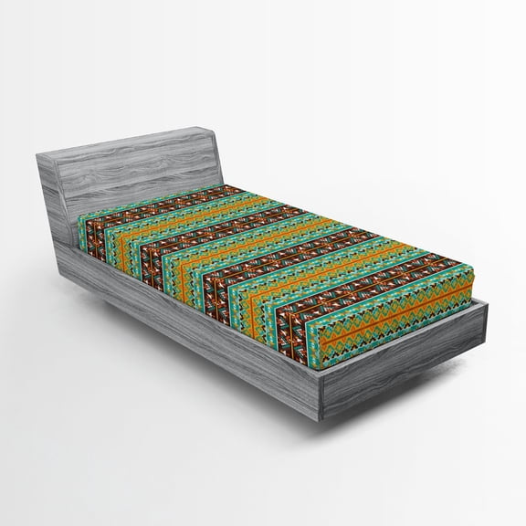 Ambesonne Retro Fitted Sheet, Tribal Art Pattern, Twin Size, Brown Marigold Turquoise