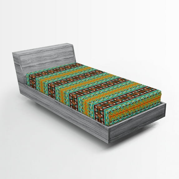 Ambesonne Retro Fitted Sheet, Tribal Art Pattern, Twin Size, Brown Marigold Turquoise