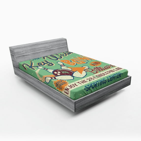 Ambesonne Retro Fitted Sheet, Vintage Bowling Poster, Full Size, Fern Green Burgundy