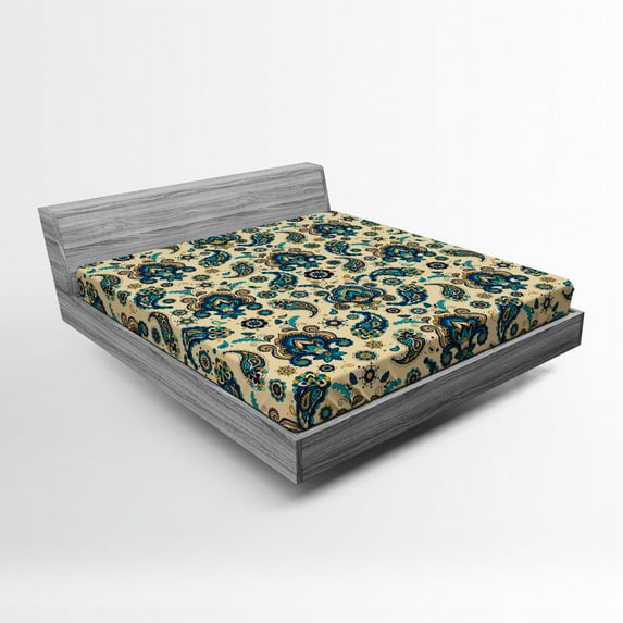 Ambesonne Retro Fitted Sheet, Vintage Colorful Floral, Full Size, Yellow Blue Cream