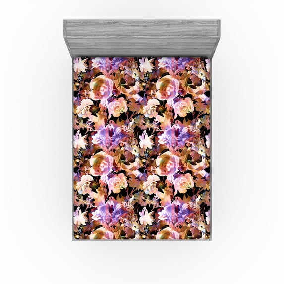 Ambesonne Retro Fitted Sheet, Vintage Floral Art Nostalgia, California King, Redwood Lilac Black