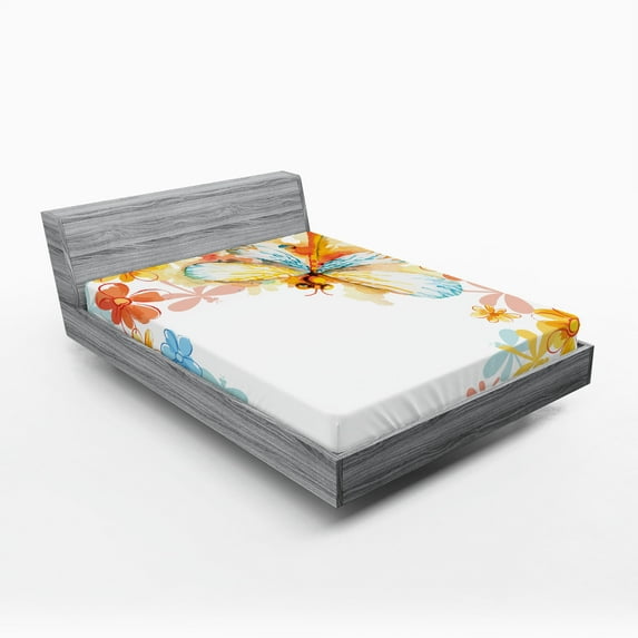 Ambesonne Retro Fitted Sheet, Vintage Spring Dragonfly, Queen Size, Multicolor