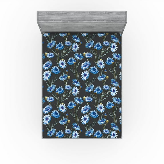Ambesonne Retro Fitted Sheet, Watercolor Cornflowers Plot, Full Size, Dark Violet Blue and Grey