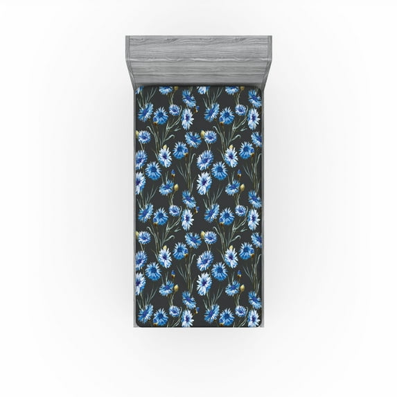 Ambesonne Retro Fitted Sheet, Watercolor Cornflowers Plot, Twin Size, Dark Violet Blue and Grey