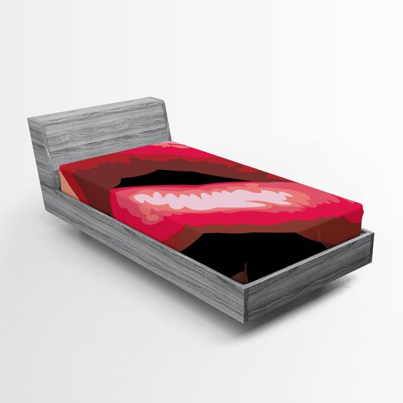Ambesonne Retro Fitted Sheet, Woman Red Lips Charming Mouth, Twin Size, Coral and Tan