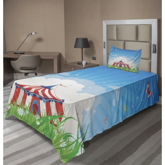 Ambesonne Retro Fitted & Top Sheet Set with Sham, Circus Tent with Clouds, Red Green Blue