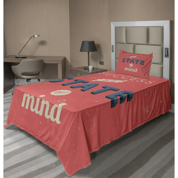 Ambesonne Retro Fitted & Top Sheet Set with Sham, Success Motivating Words, Red Charcoal