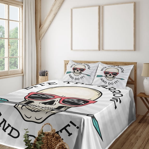 Ambesonne Retro Fitted & Top Sheet Set with Shams, Hipster Skull Pop Art, Multicolor