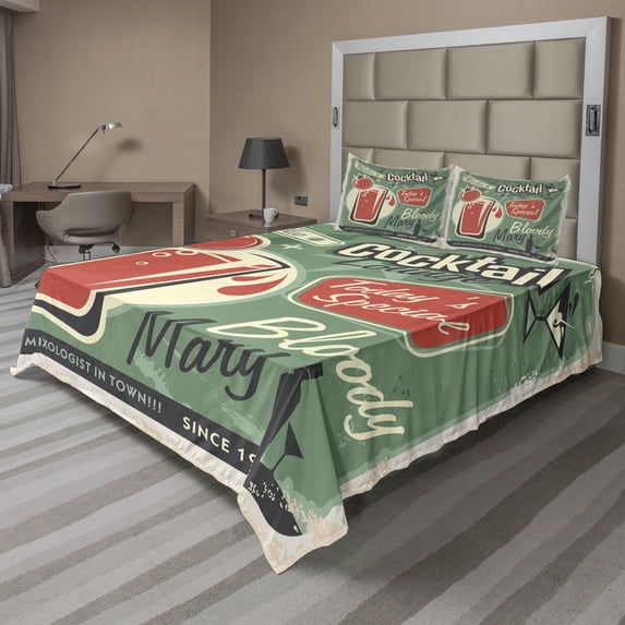 Ambesonne Retro Fitted & Top Sheet Set with Shams, Nostalgic Bar Poster, Green Red