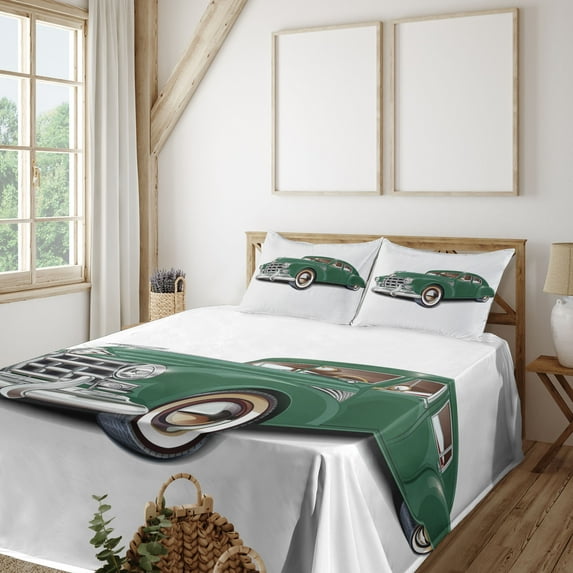 Ambesonne Retro Fitted & Top Sheet Set with Shams, Nostalgic Vintage Car Print, Forest Green and White