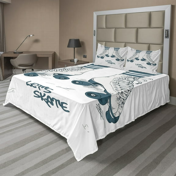 Ambesonne Retro Fitted & Top Sheet Set with Shams, Retro Roller Skates Print, White Teal