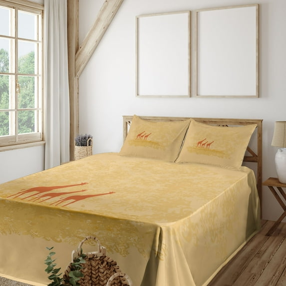 Ambesonne Retro Fitted & Top Sheet Set with Shams, Retro Savannah Wild Giraffes, Orange Cream