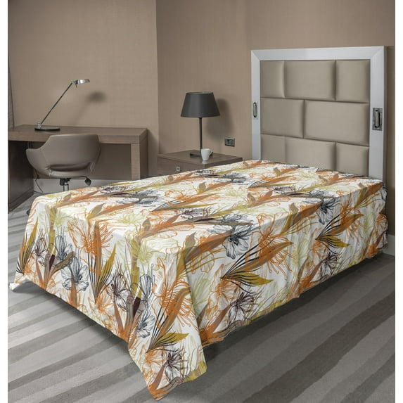 Ambesonne Retro Flat Bedding Sheet Soft Top Sheet, Lily Blossoms and Leaves Art, Twin XL, Orange Umber and Khaki