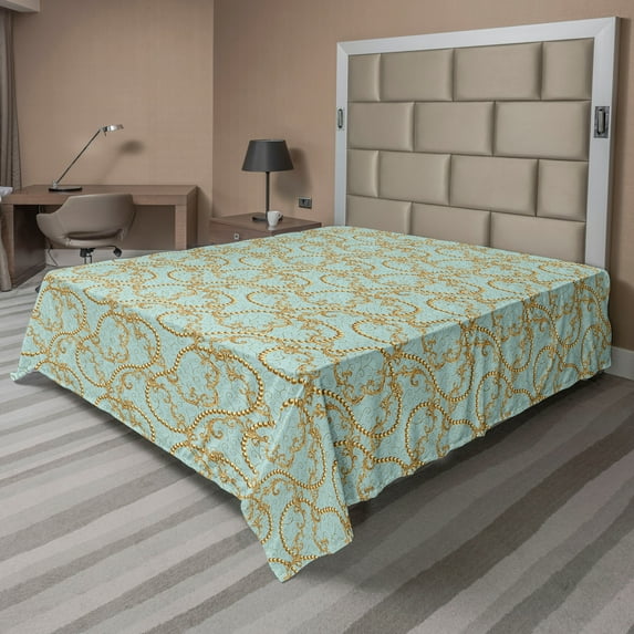 Ambesonne Retro Flat Bedding Sheet Soft Top Sheet, Swirly Floral Motifs Art Deco, Full, Pale Blue and Mustard