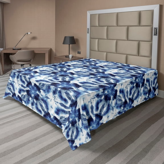 Ambesonne Retro Flat Bedding Sheet Soft Top Sheet, Whimsical Ethnic Painting, California King, Dark Violet Blue and White