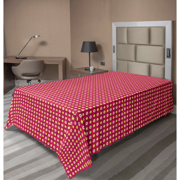 Ambesonne Retro Flat Sheet, Abstract Disc Shaped Circles, TwinXL Size, Dark Magenta and Yellow