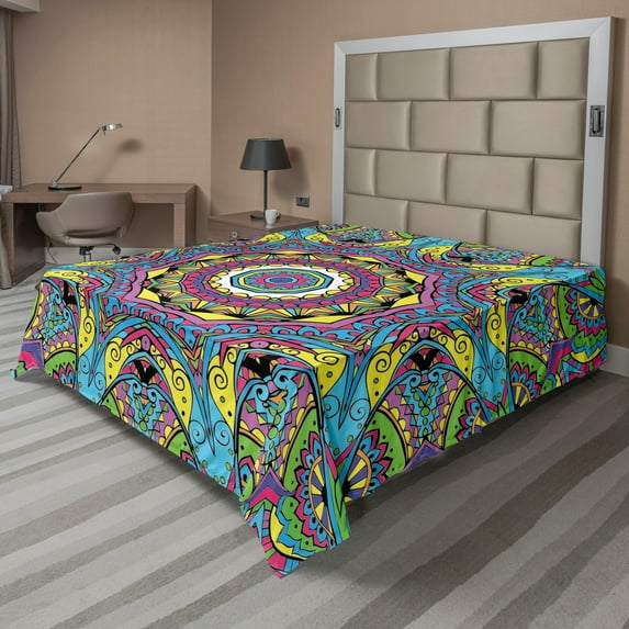 Ambesonne Retro Flat Sheet, Abstract Hippie Forms, King Size, Multicolor