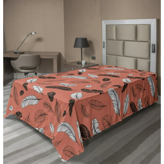 Ambesonne Retro Flat Sheet, Bohemian Hand Drawn Feathers, Twin Size, Salmon Charcoal Grey