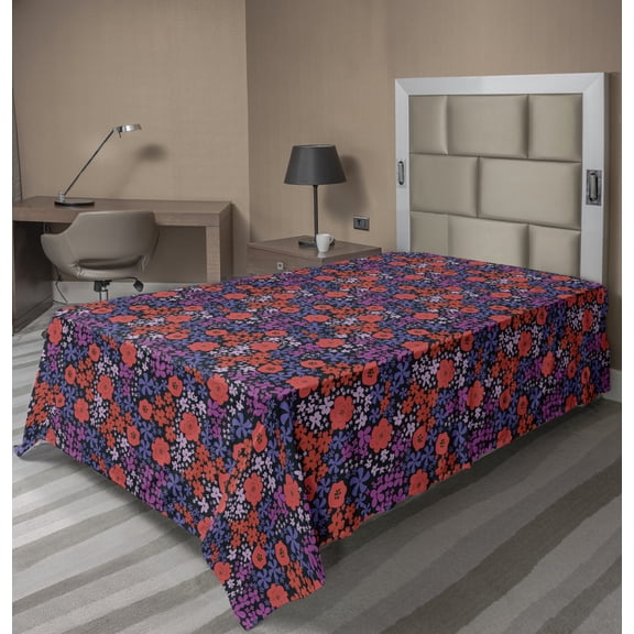 Ambesonne Retro Flat Sheet, Botanical Meadow Blossoms, TwinXL Size, Charcoal Grey and Multicolor