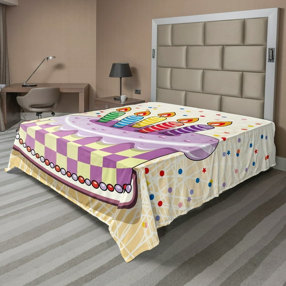 Ambesonne Retro Flat Sheet, Cake Candles Dots Stars, Queen Size, Multicolor