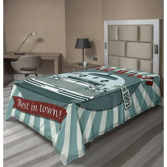 Ambesonne Retro Flat Sheet, Car Wash Sign Commercial, TwinXL Size, Red Teal