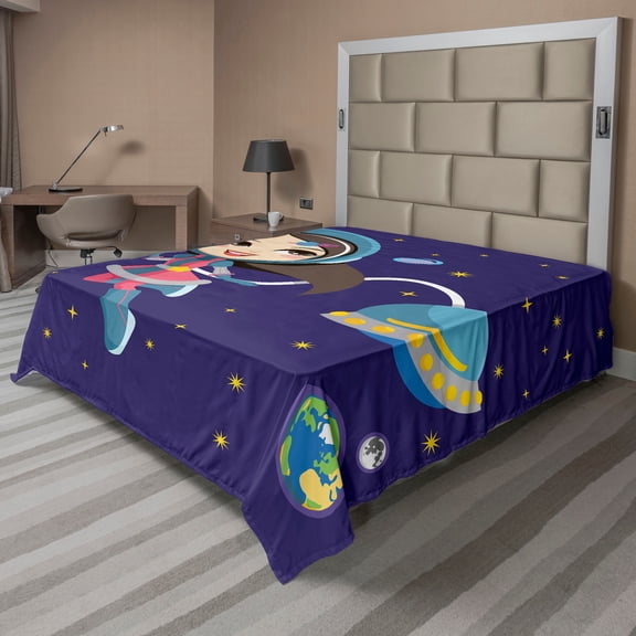 Ambesonne Retro Flat Sheet, Cartoon Character in Space, Full Size, Multicolor