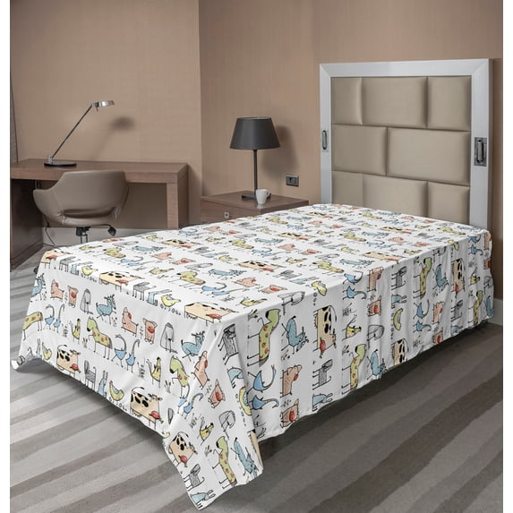 Ambesonne Retro Flat Sheet, Cartoon Village Animals, TwinXL Size, Yellow Beige