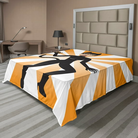 Ambesonne Retro Flat Sheet, Cat Woman in Costume Rays, Queen Size, Orange Grey
