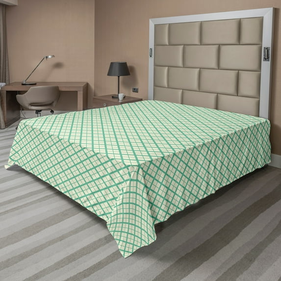 Ambesonne Retro Flat Sheet, Checked Pattern Lines, Full Size, Green and Cream