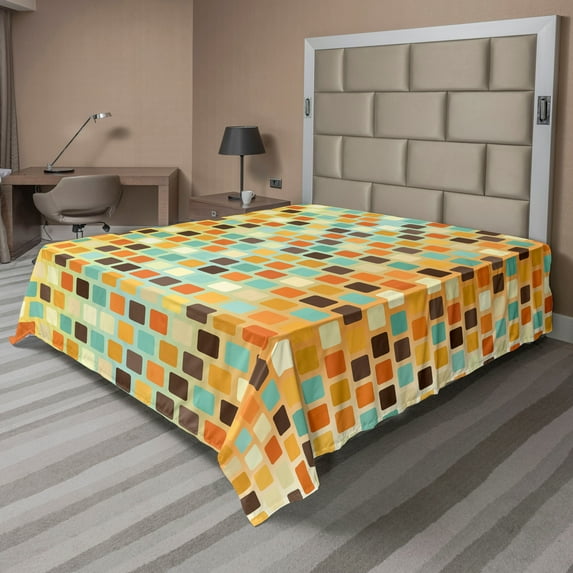 Ambesonne Retro Flat Sheet, Checkered Square Wall, King Size, Multicolor