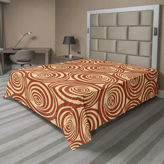 Ambesonne Retro Flat Sheet, Circular Spiral Motifs, Full Size, Rust and Pale Yellow