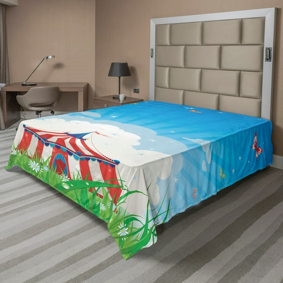 Ambesonne Retro Flat Sheet, Circus Tent with Clouds, King Size, Red Green Blue